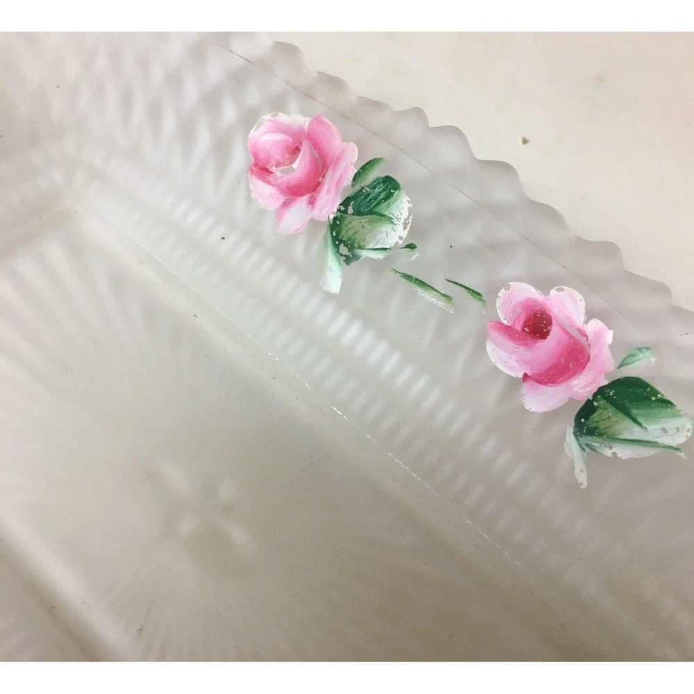 Vintage Pink Roses Frosted Satin Glass Candy Trinket Dish Shabby Chic Cottage